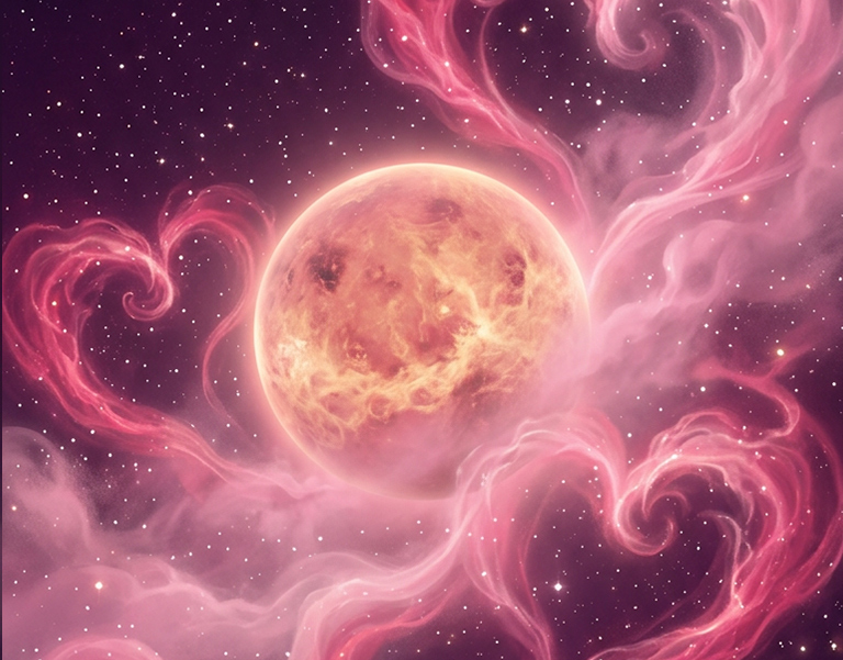 Venus planet glowing in rose-pink tones surrounded by celestial nebula